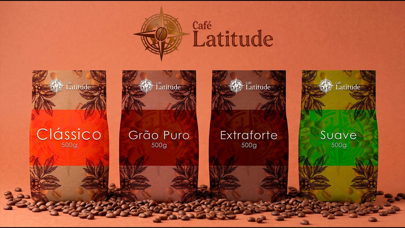 As quatro linhas da Café Latitude — Clássico, Grão Puro, Extraforte e Suave — lado a lado